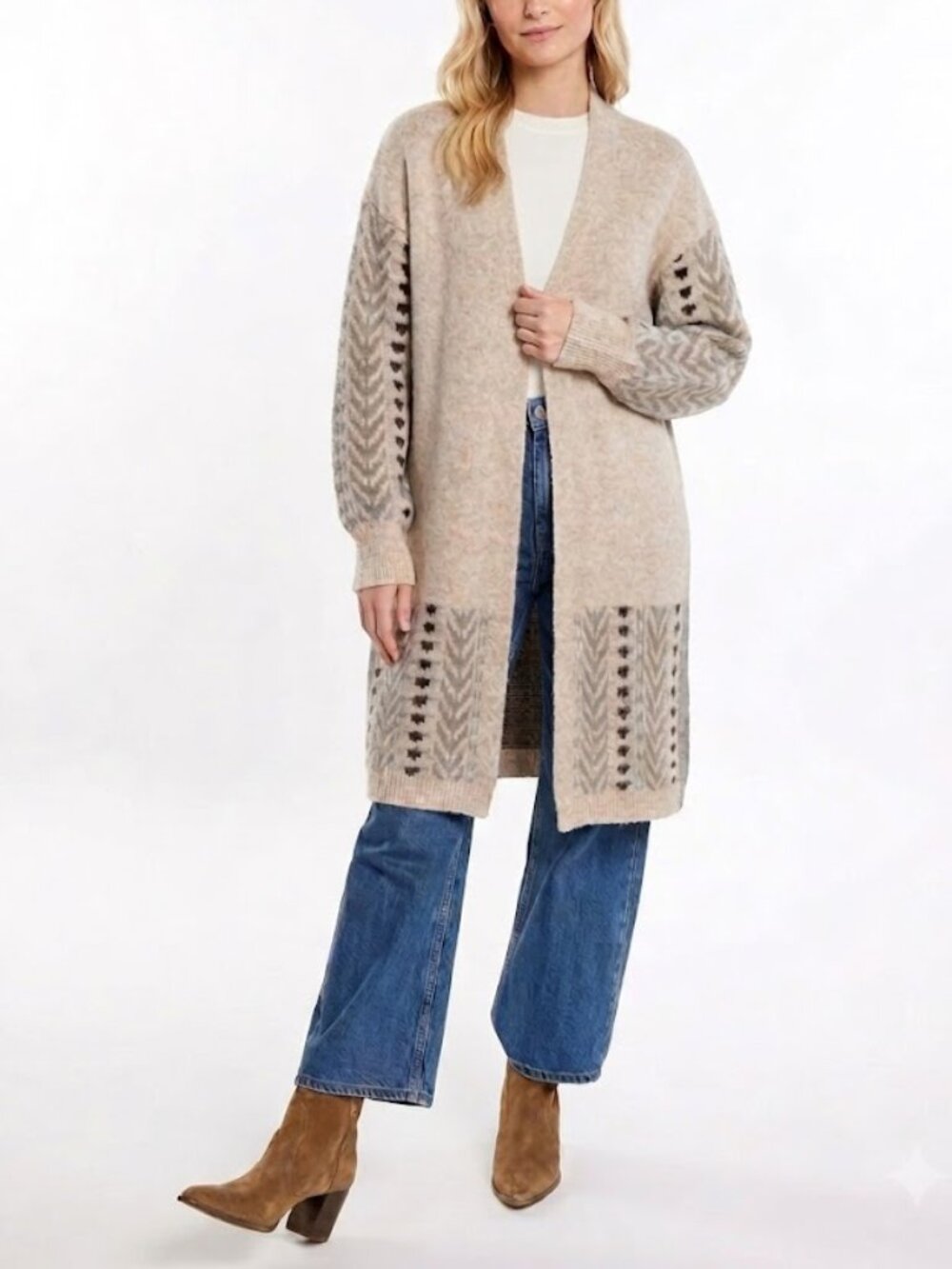 Frye Women's Patterned Cozy Open Front Cardigan Sweater Oatmeal Size M
